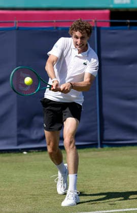 RECORD DATE NOT STATED 24th June 2026; Devonshire Park Lawn Tennis Club, Eastbourne, East Sussex, England; Lexus Eastbourne Open Tennis, Day Four; Ugo Humert (GBR) plays a backhand shot against Jenson Brooksby (USA) HongboxChen