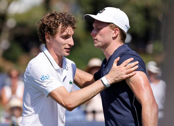 RECORD DATE NOT STATED 24th June 2026; Devonshire Park Lawn Tennis Club, Eastbourne, East Sussex, England; Lexus Eastbourne Open Tennis, Day Four; Jenson Brooksby (USA) congratulates to Ugo Humert (GBR) after the match HongboxChen