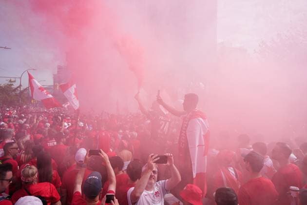 June 24, 2026, Vancouver, Bc, CANADA: Canada fans march to B.C. Place stadium before Canada and Switzerland play a World Cup Group B soccer match, in Vancouver, on Wednesday, June 24, 2026. Canada News - June 24, 2026  - ZUMAc35_ 20260624_zaf_c35_006 Copyright: xDarrylxDyckx