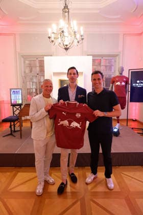 SOCCER - BL, RBS, jersey presentation SALZBURG,AUSTRIA,24.JUN.26 - SOCCER - ADMIRAL Bundesliga, Red Bull Salzburg, jersey presentation. Image shows ceo Stephan Reiter (RBS), Linus Klumpner (CEO Mozarteum) and sporting director Marcus Mann (RBS).  GEPAxpictures xMathiasxMandl