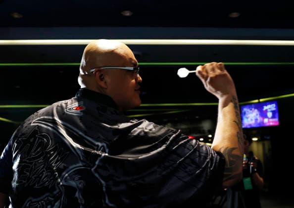 Darts player Adam Sevada demonstrates throwing darts on the eve of the bet365 US Darts Masters in The Infosys Theater at Madison Square Garden on Wednesday, June 24, 2026 in New York City.  NYP20260624122 JOHNxANGELILLO