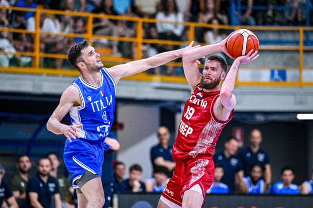 IPA86017748 - Matteo Spagnolo of Italy, MAVRA Dominik of Croatia, ITALY - CROATIA Friendly Match, June 23, 2026. Photo by Mitja Emili during the Italy vs. Croatia basketball exhibition game in Gorizia, Italy, June 24, 2026  Copyright: xMitjaxEmili IPAxSportx xx 86017748