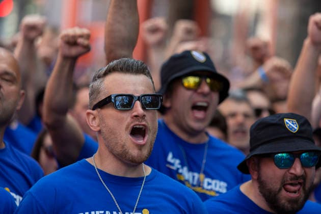 June 24, 2026, Seattle, Washington, USA: Fans of team Bosnia and Herzegovina march through SeattleÃ¢â‚¬â ¢s Pioneer Square before the FIFA World Cup, WM, Weltmeisterschaft, Fussball match between Bosnia and Herzegovina and Qatar on Wednesday, June 24, 2026. Seattle USA - ZUMAg235 20260624_zap_g235_004 Copyright: xPaulxChristianxGordonx