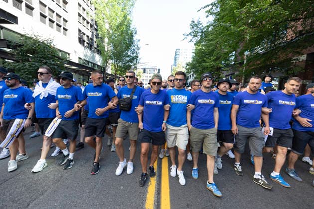 June 24, 2026, Seattle, Washington, USA: Fans of team Bosnia and Herzegovina lead a march through downtown Seattle to the FIFA World Cup, WM, Weltmeisterschaft, Fussball match between Bosnia and Herzegovina and Qatar at Seattle Stadium on Wednesday, June 24, 2026. Seattle USA - ZUMAg235 20260624_zap_g235_008 Copyright: xPaulxChristianxGordonx