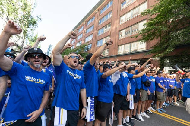 June 24, 2026, Seattle, Washington, USA: Fans of team Bosnia and Herzegovina lead a march through downtown Seattle to the FIFA World Cup, WM, Weltmeisterschaft, Fussball match between Bosnia and Herzegovina and Qatar at Seattle Stadium on Wednesday, June 24, 2026. 2026 FIFA World Cup: Bosnia And Herzegovina Vs Qatar In Seattle  - ZUMAg235 20260624_zap_g235_013 Copyright: xPaulxChristianxGordonx