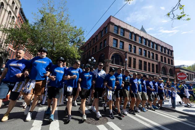 June 24, 2026, Seattle, Washington, USA: Fans of team Bosnia and Herzegovina march through SeattleÃ¢â‚¬â ¢s Pioneer Square before the FIFA World Cup, WM, Weltmeisterschaft, Fussball match between Bosnia and Herzegovina and Qatar on Wednesday, June 24, 2026. 2026 FIFA World Cup: Bosnia And Herzegovina Vs Qatar In Seattle  - ZUMAg235 20260624_zap_g235_030 Copyright: xPaulxChristianxGordonx