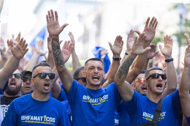 June 24, 2026, Seattle, Washington, USA: Fans of team Bosnia and Herzegovina cheer as they arrive at Seattle Stadium for the FIFA World Cup, WM, Weltmeisterschaft, Fussball match between Bosnia and Herzegovina and Qatar on Wednesday. World Cup 2026: Bosnia And Herzegovina vs Qatar: Fans  - ZUMAg235 20260624_zap_g235_007 Copyright: xPaulxChristianxGordonx