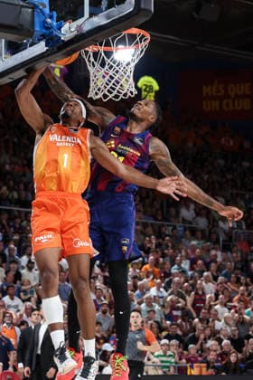 June 24, 2026, Barcelona, Barcelona, Spain: Kameron Taylor of Valencia Basket and Will Clyburn of FC Barcelona, Barca in action during the Spanish League, Liga ACB Endesa, basketball Final Game 4 match played between FC Barcelona and Valencia Basket at Palau Blaugrana on June 24, 2026 in Barcelona, Spain. Barcelona Spain - ZUMAa181 20260624_zaa_a181_050 Copyright: xJavierxBorregox