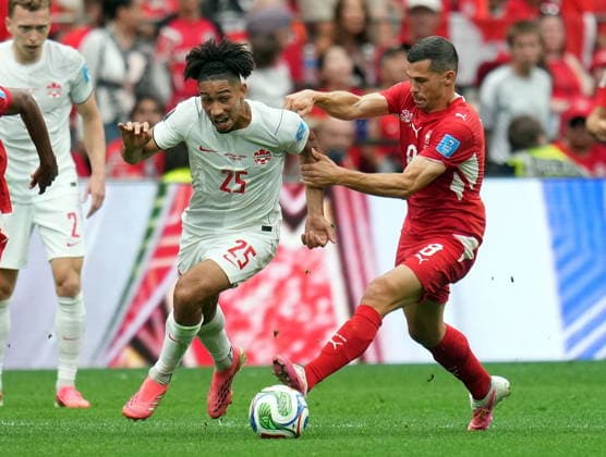 FIFA World Cup, WM, Weltmeisterschaft, Fussball 2026 - Group B - Switzerland vs Canada Remo Freuler of Switzerland (R) and Nathan Saliba of Canada in action during the FIFA World Cup 2026 group stage match Switzerland against Canada, in Vancouver, Canada, 24 June 2026. VANCOUVER Canada  Copyright: xBOBxFRIDx
