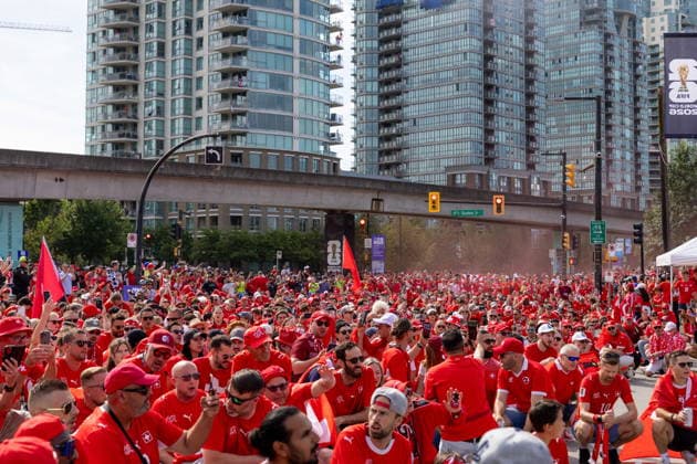 June 24, 2026, Vancouver, Bc, CANADA: Switzerland fans march toward B.C. Place before a World Cup Group B soccer match against Canada, in Vancouver, on Wednesday, June 24, 2026. Canada News - June 24, 2026  - ZUMAc35_ 20260624_zaf_c35_060 Copyright: xTimothyxMatweyx