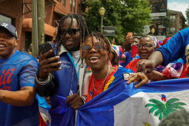 June 24, 2026, Atlanta, Georgia, United States of America: Haiti fan pose for the camera during the Haiti fan march before the Morocco vs Haiti First Stage Group C match in ATLANTA, Georgia. Atlanta United States of America - ZUMAg276 20260624_zsp_g276_007 Copyright: xMalachixGabrielx