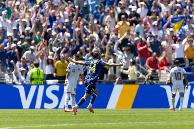 SEATTLE, WA - JUNE 24: Midfielder Ivan Å unjiÄ‡ 14 of Bosnia and Herzegovina reacts after a goal by teammate forward Kerim AlajbegoviÄ‡ 19 during the FIFA World Cup, WM, Weltmeisterschaft, Fussball 2026 Group B match between Bosnia and Herzegovina and Qatar on June 24, 2026 at Seattle Stadium in Seattle, Washington. (Photo by Henry Rodenburg Icon Sportswire) SOCCER: JUN 24 FIFA World Cup 26 Group B - Bosnia and Herzegovina vs Qatar EDITORIAL USE ONLY Icon260624004
