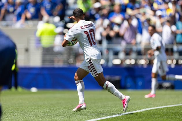 SEATTLE, WA - JUNE 24: Forward Hassan Al-Haydos 10 of Qatar reacts after scoring a goal during the FIFA World Cup, WM, Weltmeisterschaft, Fussball 2026 Group B match between Bosnia and Herzegovina and Qatar on June 24, 2026 at Seattle Stadium in Seattle, Washington. (Photo by Henry Rodenburg Icon Sportswire) SOCCER: JUN 24 FIFA World Cup 26 Group B - Bosnia and Herzegovina vs Qatar EDITORIAL USE ONLY Icon260624005