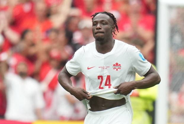 FIFA World Cup, WM, Weltmeisterschaft, Fussball 2026 - Group B - Switzerland vs Canada Promise David of Canada celebrates scoring the 2-1 during the FIFA World Cup 2026 group stage match Switzerland against Canada, in Vancouver, Canada, 24 June 2026. VANCOUVER Canada  Copyright: xBOBxFRIDx