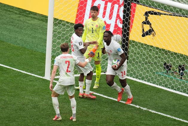 Switzerland v Canada - FIFA World Cup, WM, Weltmeisterschaft, Fussball 2026 - Group B VANCOUVER, CANADA - JUNE 24: Promise David of Canada celebrates after scoring a goal during the 2026 FIFA World Cup Group B match between Switzerland and Canada at BC Place Stadium in Vancouver, Canada, on June 24, 2026. Ercin Erturk Anadolu Vancouver Canada. Editorial use only. Please get in touch for any other usage.  Copyright: x2026xAnadoluxErcinxErturkx