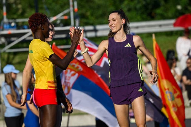 76th Boris Hanzekovic Memorial ZAGREB, CROATIA - JUNE 24: Fatoumata Balley and Lia Apostolovsi greet each other at the 76th Boris Hanzekovic Memorial, part of the World Athletics Continental Tour Gold 2026 at City Fountains on June 24, 2026 in Zagreb, Croatia.  NevaxZganec PIXSELL