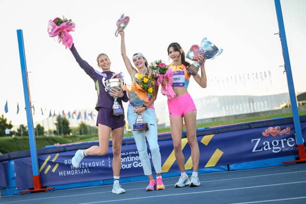 76th Boris Hanzekovic Memorial ZAGREB, CROATIA - JUNE 24: Marija Vukovic of Montenegro (second), Yaroslava Mahuchikh of Ukraine (first) and Angelina Topic of Serbia (third) during the Women™s High Jump medal ceremony at the 76th Boris Hanzekovic Memorial, part of the World Athletics Continental Tour Gold 2026, at the City Fountains on June 24, 2026 in Zagreb, Croatia.  NevaxZganec PIXSELL