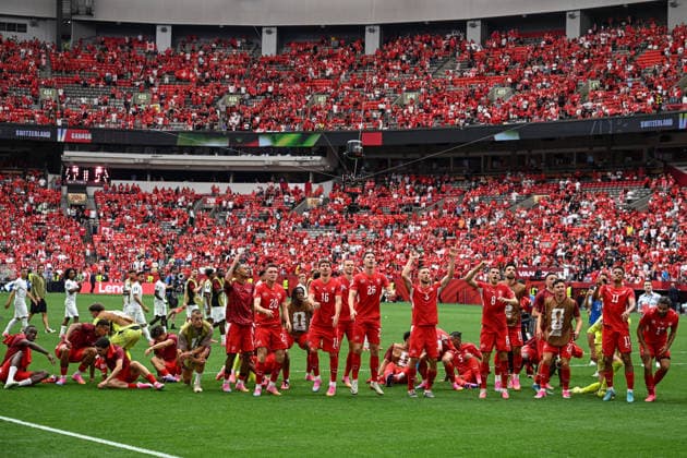 Switzerland players celebrate after their 2-1 win over Canada, Switzerland v Canada, Group B football match of the FIFA World Cup, WM, Weltmeisterschaft, Fussball 2026 at BC Place, Vancouver, Canada on Wednesday 24 June 2026. Photo: Andrew Cornaga Vancouver Canada Copyright: xAndrewxCornaga x