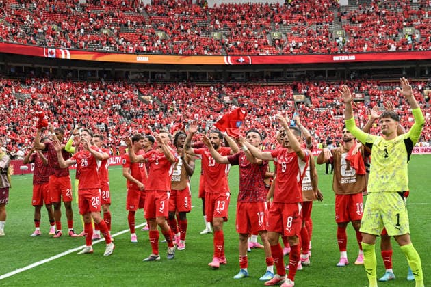 Switzerland players celebrate after their 2-1 win over Canada, Switzerland v Canada, Group B football match of the FIFA World Cup, WM, Weltmeisterschaft, Fussball 2026 at BC Place, Vancouver, Canada on Wednesday 24 June 2026. Photo: Andrew Cornaga Vancouver Canada Copyright: xAndrewxCornaga x