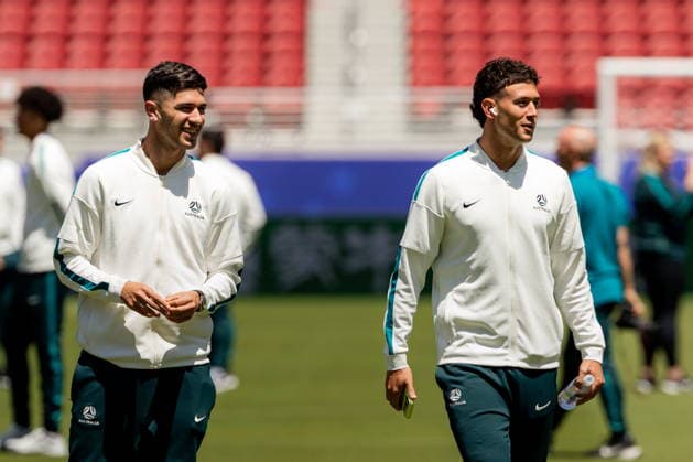 FIFA World Cup, WM, Weltmeisterschaft, Fussball 2026 - Australia training and press conference, PK, Pressekonferenz Socceroos players Cristian Volpato and Alessandro Circati get a first look of the pitch ahead of their FIFA World Cup 2026 match against Paraguay at the San Francisco Bay Area Stadium in Santa Clara, California, United States, 24 June 2026. Alameda California United States  Copyright: xJasonxHenryx