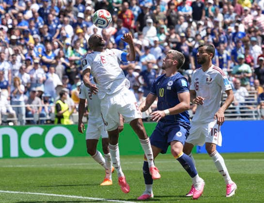 (260625) -- SEATTLE, June 25, 2026 -- Abdulaziz Hatem (L) of Qatar jumps for a header during the group B match between Bosnia and Herzegovina and Qatar at the 2026 FIFA World Cup, WM, Weltmeisterschaft, Fussball at Seattle Stadium in Seattle, the United States, June 24, 2026. ) (SP)U.S.-SEATTLE-FOOTBALL-FIFA WORLD CUP-GROUP B-BIH VS QAT PengxZiyang 