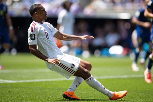 SEATTLE, WA - JUNE 24: Defender Pedro Miguel 2 of Qatar reacts after a missed kick during the FIFA World Cup, WM, Weltmeisterschaft, Fussball 2026 Group B match between Bosnia and Herzegovina and Qatar on June 24, 2026 at Seattle Stadium in Seattle, Washington. (Photo by Henry Rodenburg Icon Sportswire) SOCCER: JUN 24 FIFA World Cup 26 Group B - Bosnia and Herzegovina vs Qatar EDITORIAL USE ONLY Icon260624014
