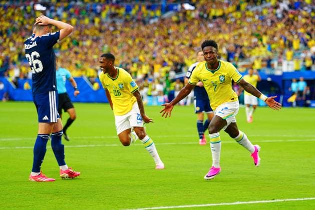 Vinicius Junior of Brazil celebrates after scoring Scotland v Brazil, 2026 FIFA World Cup, WM, Weltmeisterschaft, Fussball Group C, Football, Miami Stadium, Miami, Florida, USA - 24 Jun 2026Miami Miami Stadium Florida (FL) United States of America EDITORIAL USE ONLY No use with unauthorised audio, video, data, fixture lists, club league logos or live services. Online in-match use limited to 120 images, no video emulation. No use in betting, games or single club league player publications.  Copyright: xJavierxGarcia Shutterstockx 16956030av