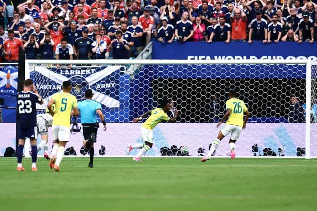 Vinicius Junior of Brazil scores the opening goal Scotland v Brazil, 2026 FIFA World Cup, WM, Weltmeisterschaft, Fussball Group C, Football, Miami Stadium, Miami, Florida, USA - 24 Jun 2026Miami Miami Stadium Florida (FL) United States of America EDITORIAL USE ONLY No use with unauthorised audio, video, data, fixture lists, club league logos or live services. Online in-match use limited to 120 images, no video emulation. No use in betting, games or single club league player publications.  Copyright: xMichaelxZemanek Shutterstockx 16956031ag