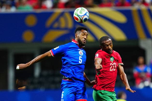 Morocco v Haiti - FIFA World Cup, WM, Weltmeisterschaft, Fussball 2026 - Group C ATLANTA, USA - JUNE 24: Ayoub El Kaabi (20) of Morocco in action against Hannes Delcroix of Haiti during 2026 FIFA World Cup First Stage Group C match between Morocco and Haiti at Mercedes-Benz Stadium (Atlanta Stadium) in Atlanta, Georgia, United States on June 24, 2026. Evrim Aydin Anadolu Georgia United States. Editorial use only. Please get in touch for any other usage.  Copyright: x2026xAnadoluxEvrimxAydinx