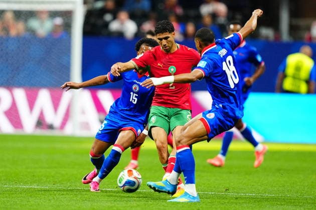 Morocco v Haiti - FIFA World Cup, WM, Weltmeisterschaft, Fussball 2026 - Group C ATLANTA, USA - JUNE 24: Achraf Hakimi (2) of Morocco in action against Ruben Providence (15) of Haiti during 2026 FIFA World Cup First Stage Group C match between Morocco and Haiti at Mercedes-Benz Stadium (Atlanta Stadium) in Atlanta, Georgia, United States on June 24, 2026. Evrim Aydin Anadolu Georgia United States. Editorial use only. Please get in touch for any other usage.  Copyright: x2026xAnadoluxEvrimxAydinx
