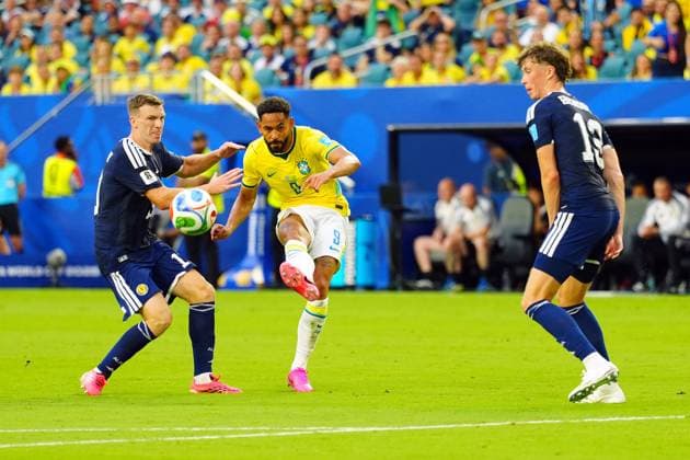 Matheus Cunha of Brazil has a shot Scotland v Brazil, 2026 FIFA World Cup, WM, Weltmeisterschaft, Fussball Group C, Football, Miami Stadium, Miami, Florida, USA - 24 Jun 2026Miami Miami Stadium Florida (FL) United States of America EDITORIAL USE ONLY No use with unauthorised audio, video, data, fixture lists, club league logos or live services. Online in-match use limited to 120 images, no video emulation. No use in betting, games or single club league player publications.  Copyright: xJavierxGarcia Shutterstockx 16956030ca