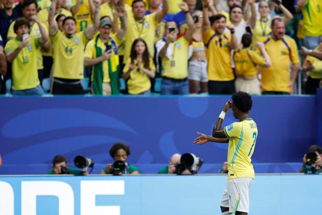 Vinicius Junior of Brazil celebrate a goal during the FIFA World Cup, WM, Weltmeisterschaft, Fussball 2026 group stage match Scotland against Brazil at Hard Rock Stadium in Miami, United States, 24 June 2026. FIFA World Cup 2026 - Group C - Scotland vs. Brazil !ACHTUNG: NUR REDAKTIONELLE NUTZUNG!  Copyright: xAlbertoxEstevezx AMDEP7211 20260624-55020699222_1