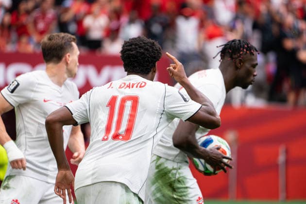 VANCOUVER, CANADA - JUNE 24: Jonathan David of Canada celebrates after Promise David of Canada scores their first goal during the FIFA World Cup, WM, Weltmeisterschaft, Fussball 2026 group stage match between Canada and Switzerland at BC Place Vancouver Stadium on June 24, 2026 in Vancouver, British Columbia, Canada.  Copyright: xAmyxElle SPPx Sportspressphoto_SPR175563