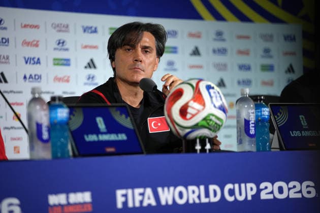 press conference, PK, Pressekonferenz of Turkish national team, Nationalteam in Los Angeles LOS ANGELES, CALIFORNIA - JUNE 24: Turkiye National Team s head coach Vincenzo Montella speaks during a press conference ahead of the 2026 FIFA World Cup, WM, Weltmeisterschaft, Fussball First Stage Group D match between Turkiye and USA at the Los Angeles Stadium (SoFi Stadium) in Inglewood, California, United States on June 24, 2026. Tayfun Coskun Anadolu Los Angeles United States. Editorial use only. Please get in touch for any other usage.  Copyright: x2026xAnadoluxTayfunxCoskunx
