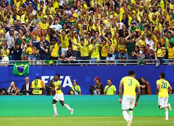 Vinicius Junior of Brazil celebrates after scoring Scotland v Brazil, 2026 FIFA World Cup, WM, Weltmeisterschaft, Fussball Group C, Football, Miami Stadium, Miami, Florida, USA - 24 Jun 2026Miami Miami Stadium Florida (FL) United States of America EDITORIAL USE ONLY No use with unauthorised audio, video, data, fixture lists, club league logos or live services. Online in-match use limited to 120 images, no video emulation. No use in betting, games or single club league player publications.  Copyright: xMichaelxZemanek Shutterstockx 16956031bk