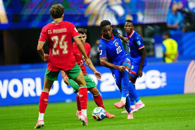 Morocco v Haiti - FIFA World Cup, WM, Weltmeisterschaft, Fussball 2026 - Group C ATLANTA, USA - JUNE 24: Brahim Diaz (rear L) of Morocco in action against Jean-Kevin Duverne of Haiti during 2026 FIFA World Cup First Stage Group C match between Morocco and Haiti at Mercedes-Benz Stadium (Atlanta Stadium) in Atlanta, Georgia, United States on June 24, 2026. Evrim Aydin Anadolu Georgia United States. Editorial use only. Please get in touch for any other usage.  Copyright: x2026xAnadoluxEvrimxAydinx