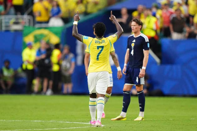 Scotland v Brazil: Group C - FIFA World Cup, WM, Weltmeisterschaft, Fussball 2026 Vinicius Junior of Brazil celebrates after scoring his team s second goal later disallowed by VAR during the FIFA World Cup 2026 Group C match between Scotland and Brazil at Miami Stadium on June 24, 2026 in Miami, United States. Miami Gardens FL United States  Copyright: xJosexBretonx originalFilename:bretonhernandez-scotland260624_npHkk.jpg
