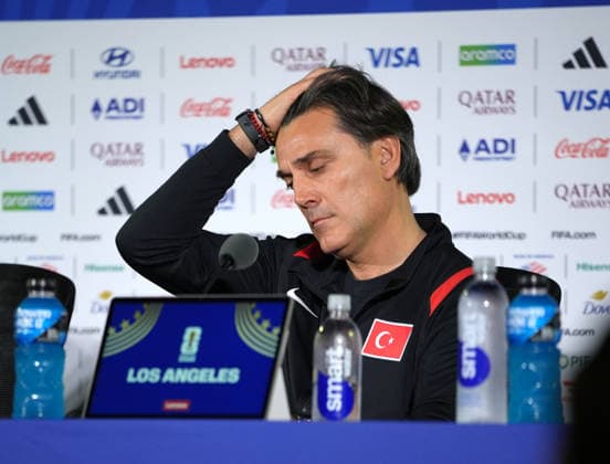 Turkish national team, Nationalteam s head coach Montella attends press conference, PK, Pressekonferenz in Los Angeles LOS ANGELES, CALIFORNIA - JUNE 24: Turkish National Team s head coach Vincenzo Montella speaks during a press conference ahead of the 2026 FIFA World Cup, WM, Weltmeisterschaft, Fussball First Stage Group D match between Turkiye and USA at the Los Angeles Stadium (SoFi Stadium) in Inglewood, California, United States on June 24, 2026. Tayfun Coskun Anadolu Los Angeles United States. Editorial use only. Please get in touch for any other usage.  Copyright: x2026xAnadoluxTayfunxCoskunx