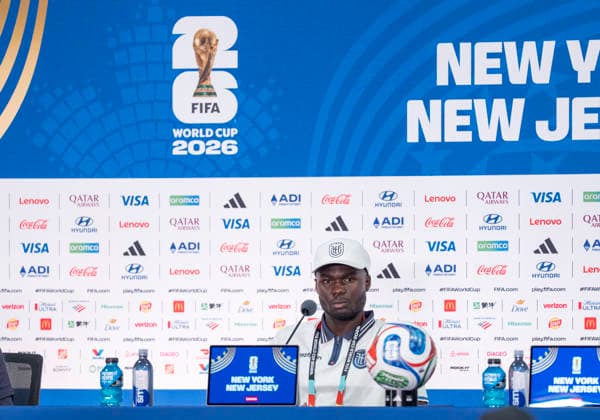 Jordy Caicedo (Ecuador, 16) bei der Pressekonferenz vor dem Spiel FIFA World Cup, WM, Weltmeisterschaft, Fussball 2026: Pressekonferenz vor dem dritten WM-Gruppenspiel Ecuador - Deutschland in New York New Jersey Stadium in East Rutherford, New Jersey, USA. 24.06.2026 *** Jordy Caicedo of Ecuador, 16, at the press conference ahead of the 2026 FIFA World Cup match between Ecuador and Germany—the third group stage match—at New Jersey Stadium in East Rutherford, New Jersey, USA, on June 24, 2026 Copyright: HMBxMedia xMarcoxBader