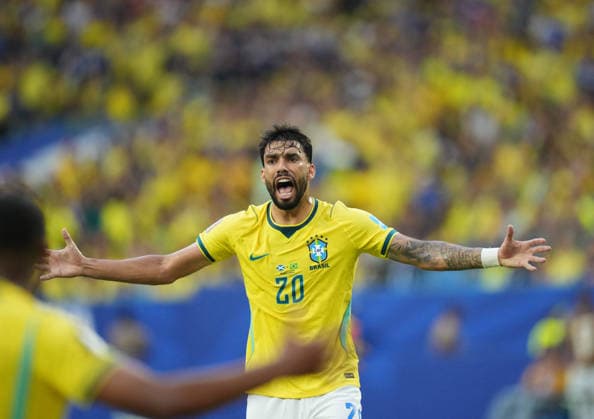 Lucas Paqueta (Brazil) gestures during Scotland and Brazil, Group L FIFA World Cup, WM, Weltmeisterschaft, Fussball 2026, Miami Stadium, Boston, USA on June 24, 2026. Thor Wegner DeFodi Images. (Photo by DeFodi Images) - *** Lucas Paquetá of Brazil gestures during the match between Scotland and Brazil in Group L of the 2026 FIFA World Cup at Miami Stadium in Boston, USA, on June 24, 2026. Photo by DeFodi Images (Thor Wegner)