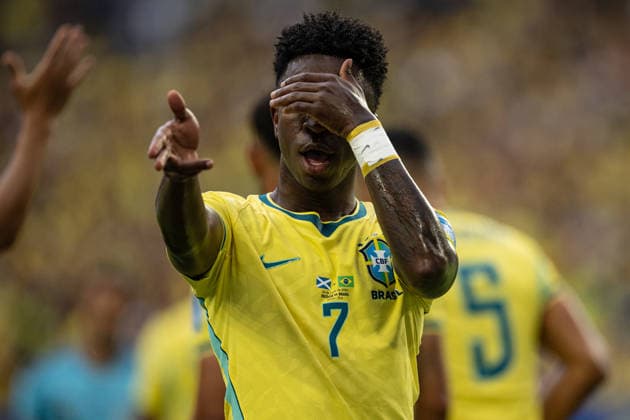Vinicius Junior of Brazil celebrates after scoring the team s first goal during the FIFA World Cup, WM, Weltmeisterschaft, Fussball 2026 Group D match between Brazil and Scotland at Miami Stadium in Miami Gardens, Florida, United States, on June 24th, 2026. (Photo by Riquelve Nata Sports Press Photo)  Copyright: xRiquelvexNata SportsxPressxPhotox Sportspressphoto_SPR175601