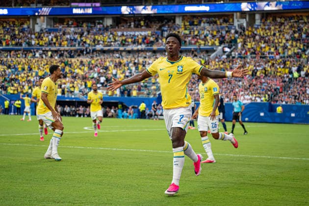Vinicius Junior of Brazil celebrates after scoring the team s first goal during the FIFA World Cup, WM, Weltmeisterschaft, Fussball 2026 Group D match between Brazil and Scotland at Miami Stadium in Miami Gardens, Florida, United States, on June 24th, 2026. (Photo by Riquelve Nata Sports Press Photo)  Copyright: xRiquelvexNata SportsxPressxPhotox Sportspressphoto_SPR175606