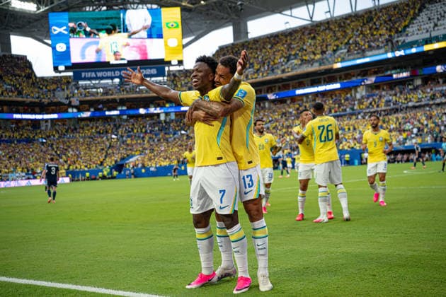 Vinicius Junior of Brazil celebrates after scoring the team s first goal during the FIFA World Cup, WM, Weltmeisterschaft, Fussball 2026 Group D match between Brazil and Scotland at Miami Stadium in Miami Gardens, Florida, United States, on June 24th, 2026. (Photo by Riquelve Nata Sports Press Photo)  Copyright: xRiquelvexNata SportsxPressxPhotox Sportspressphoto_SPR175613