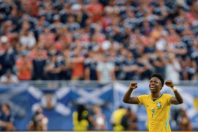 Scotland vs. Brazil MIAMI, FL - 24.06.2026: SCOTLAND VS. BRAZIL - Vinicius Junior of Brazil celebrates after scoring a goal during the match between Scotland and Brazil in the third round of the group stage of the 2026 World Cup, held at Hard Rock Stadium in Miami, United States. (Photo: Marcelo Machado de Melo Fotoarena) x2969484x  MarceloxMachadoxdexMelo