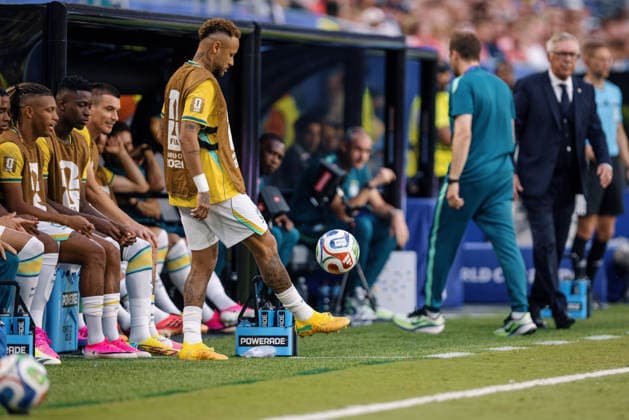 Scotland vs. Brazil MIAMI, FL - 24.06.2026: SCOTLAND VS. BRAZIL - Neymar Junior of Brazil is seen on the bench during the first half of the match between Scotland and Brazil in the third round of the group stage of the 2026 World Cup, held at Hard Rock Stadium in Miami, United States. (Photo: Marcelo Machado de Melo Fotoarena) x2969485x  MarceloxMachadoxdexMelo