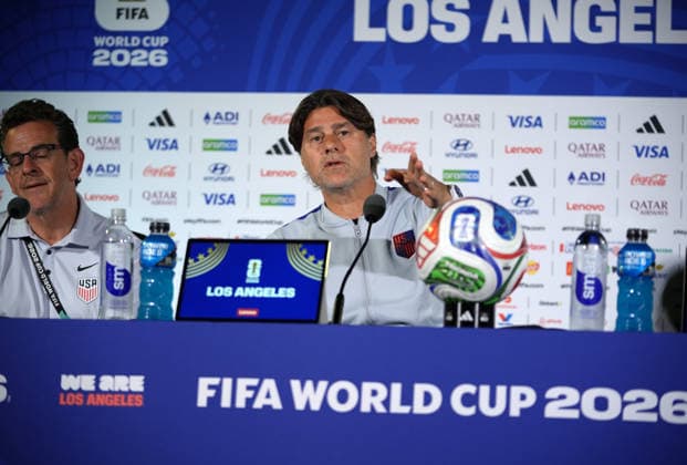 USA national team, Nationalteam head coach Mauricio Pochettino press conference, PK, Pressekonferenz in Los Angeles LOS ANGELES, CALIFORNIA - JUNE 24: USA National Team head coach Mauricio Pochettino speaks during a press conference ahead of the 2026 FIFA World Cup, WM, Weltmeisterschaft, Fussball First Stage Group D match between Turkiye and USA at the Los Angeles Stadium (SoFi Stadium) in Inglewood, California, United States on June 24, 2026. Tayfun Coskun Anadolu Los Angeles United States. Editorial use only. Please get in touch for any other usage.  Copyright: x2026xAnadoluxTayfunxCoskunx
