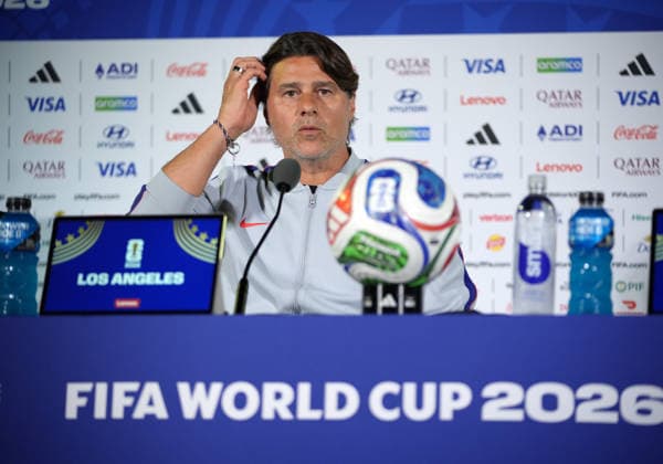 USA national team, Nationalteam head coach Mauricio Pochettino press conference, PK, Pressekonferenz in Los Angeles LOS ANGELES, CALIFORNIA - JUNE 24: USA National Team head coach Mauricio Pochettino speaks during a press conference ahead of the 2026 FIFA World Cup, WM, Weltmeisterschaft, Fussball First Stage Group D match between Turkiye and USA at the Los Angeles Stadium (SoFi Stadium) in Inglewood, California, United States on June 24, 2026. Tayfun Coskun Anadolu Los Angeles United States. Editorial use only. Please get in touch for any other usage.  Copyright: x2026xAnadoluxTayfunxCoskunx