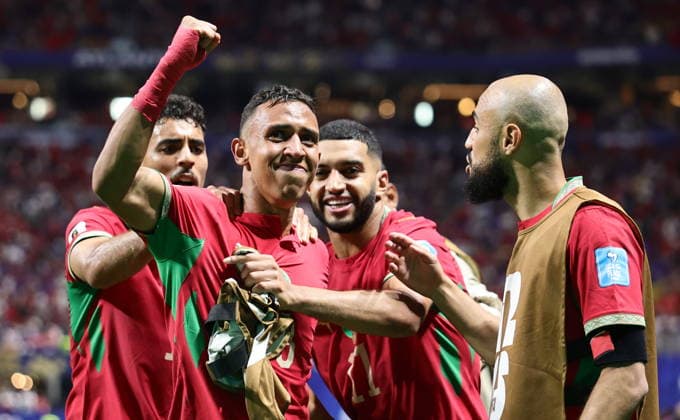 FIFA World Cup, WM, Weltmeisterschaft, Fussball 2026 - Group C - Morocco vs Haiti Soufiane Rahimi of Morocco (2-L) celebrates with teammates after scoring the 3-2 lead during the FIFA World Cup 2026 group stage match Morocco against Haiti, in Atlanta, Georgia, USA, 24 June 2026. ATLANTA United States  Copyright: xRONALDxWITTEKx
