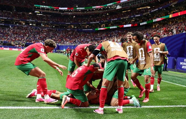 FIFA World Cup, WM, Weltmeisterschaft, Fussball 2026 - Group C - Morocco vs Haiti Players of Morocco celebrate scoring the 3-2 lead during the FIFA World Cup 2026 group stage match Morocco against Haiti, in Atlanta, Georgia, USA, 24 June 2026. ATLANTA United States  Copyright: xRONALDxWITTEKx