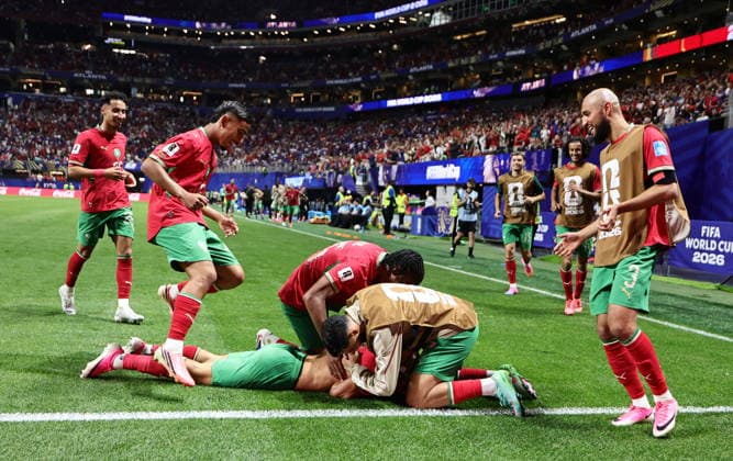 FIFA World Cup, WM, Weltmeisterschaft, Fussball 2026 - Group C - Morocco vs Haiti Players of Morocco celebrate scoring the 3-2 lead during the FIFA World Cup 2026 group stage match Morocco against Haiti, in Atlanta, Georgia, USA, 24 June 2026. ATLANTA United States  Copyright: xRONALDxWITTEKx